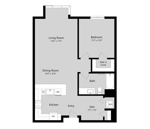 Floor plan for 1 bed, 1 bath, 907 sqft